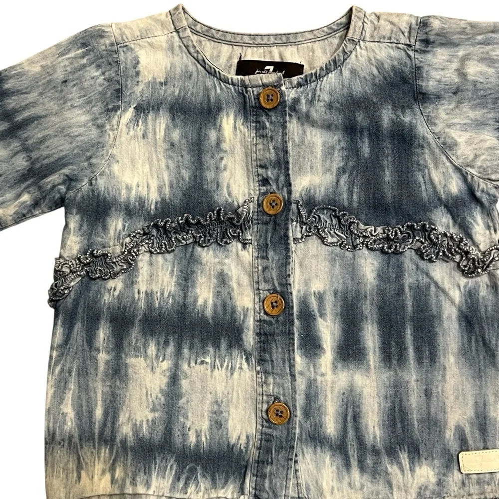 7 For All Mankind Baby Girls 24M Blue Tie Dye Denim‎ Ruffle Button Top Western